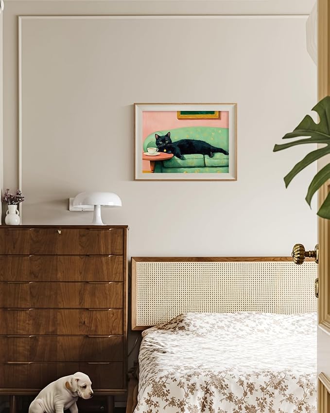 ARPEOTCY Framed Canvas Wall Art, 12x16 Inch Black Cat on Green Sofa Vintage Print, Whimsical Animal Art for Living Room, Bedroom, or Bathroom Wall Decor