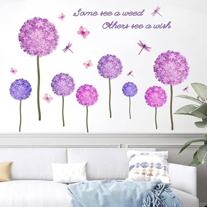 Dandelion Plant Wall Decals Flying Butterfly Dragonfly Wall Stickers Removable Violet Hydrangea Floral Wall Decor for Living Room Kids Bedroom Girls Bedroom Home Wall Decor