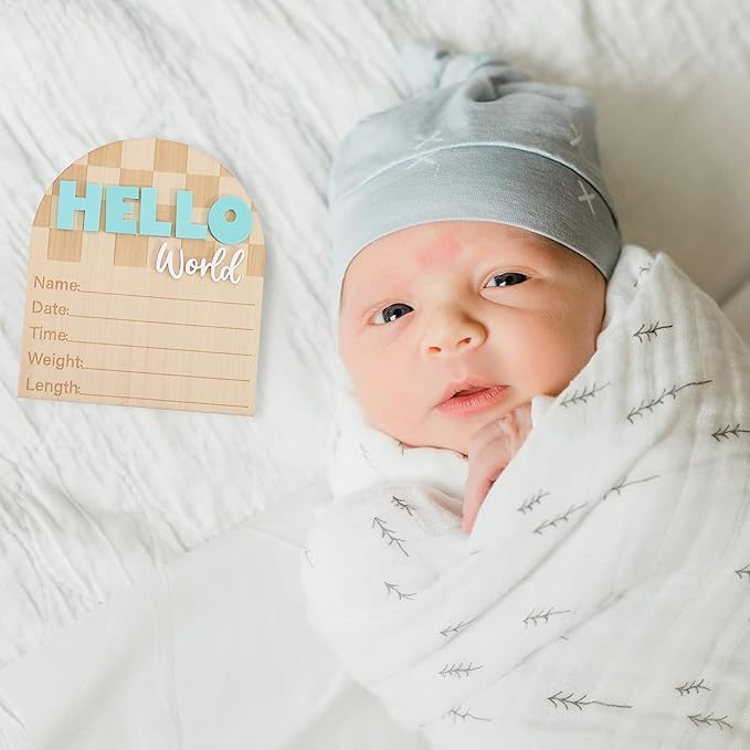 Racing Hello World Bulletin Board - Little Racer Birth Information Record,Fast Race Car Checkered Wooden Board, Newborn Milestone Announcement Sign,Hospital Nursery Racing Card Photo Props.