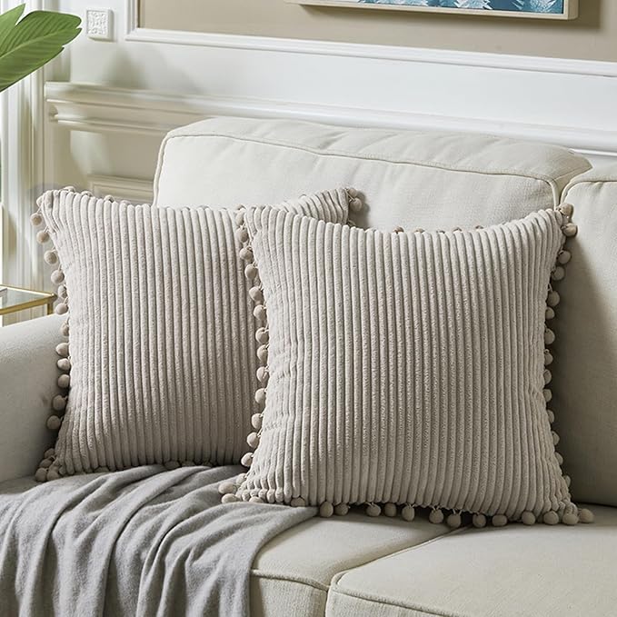 Fancy Homi 26x26 Pillow Covers Set of 2, Euro Pillow Covers with Pom-poms, Neutral Taupe Big Throw Pillow Covers for Bed Bedroom Couch 66x66 cm