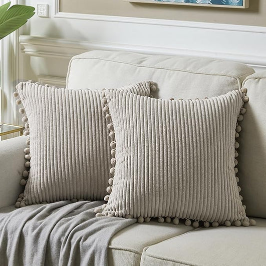 Fancy Homi 2 Packs Neutral Taupe Decorative Throw Pillow Covers 16x16 Inch with Pom-poms for Couch Bed Sofa, Aesthetic Modern Organic Farmhouse Boho Home Decor, Soft Corduroy Cute Accent Cushion Case