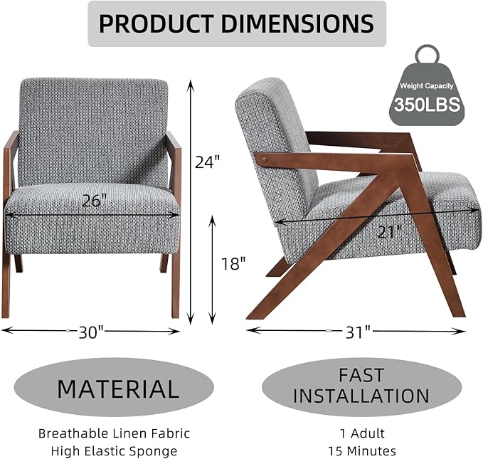 INZOY Mid Century Modern Accent Chair with Wood Frame, Upholstered Reading Armchair with Soft Linen Fabric, Accent Chair for Living Room Bedroom Apartment, Easy Assembly, Blue