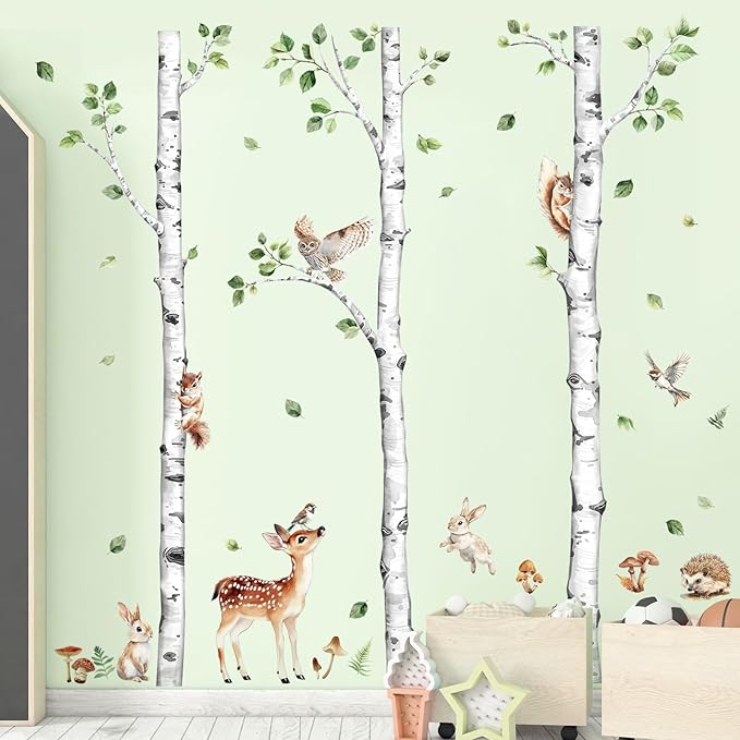 Large Birch Tree Wall Decals, Forest Animal Wall Stickers Deer Rabbit Squirrel Owl Peel and Stick Wall Decal Waterproof Wall Art Sticker for Baby Nursery Kids Room Home Decor (H: 60.2 in)