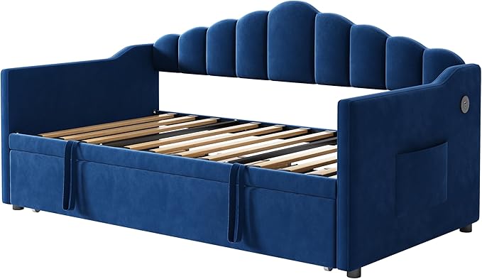 SOFTSEA Twin Daybed with Pop Up Trundle, Velvet Upholstered Daybed with USB Ports, Modern Extendable Sofa Bed Frame with Curved Backrest for Bedroom, Small Space, Blue