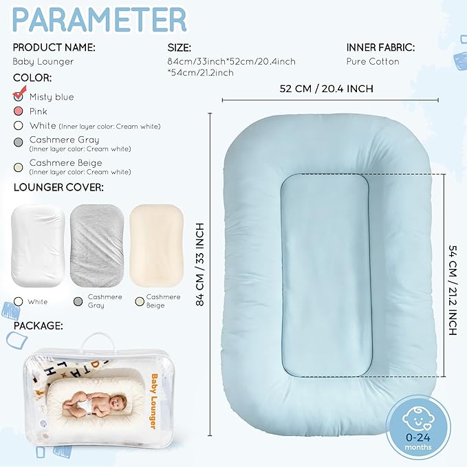 Baby Lounger & Snuggle Nest for Newborn 0-24 Months, Baby Nest Supervised Breathable Cotton for Newborn, Newborn Essentials Gifts, Breathable Portable Infant Lounnger for Travel and Home(Blue）