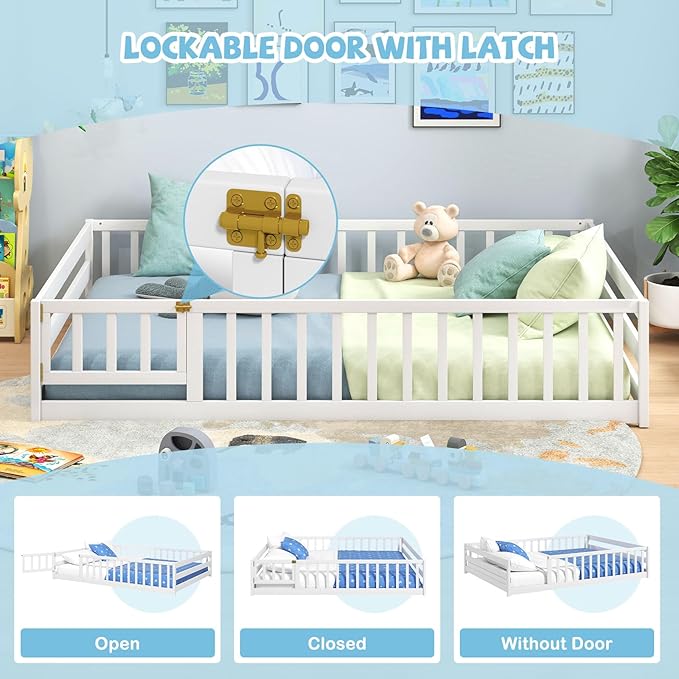 Giantex Full Floor Bed with Door & Fence, Kids Wood Montessori Beds with Safety Guardrails, Floor Bed Twin for Kids, Boys, Girls, No Box Spring Needed, White