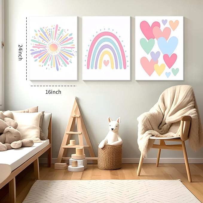 Dytial 3 Piece Toddler Girl Room Decor, Rainbow Wall Decor for Girls Bedroom, Colorful Boho Sunshine Paintings for Nursery Decor, Kids Room Wall Decor, Classroom Decoration 16x24 Inch