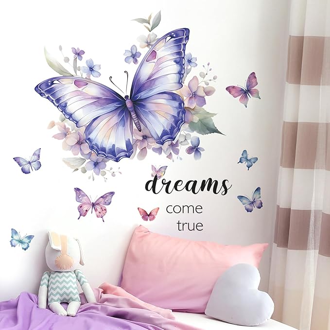 Purple Butterfly Wall Decals Removable Butterfly Flower Wall Stickers Peel and Stick Butterflies Wall Decor Stickers for Kids Girls Bedroom Nursery Bathroom Decorations VA-G006