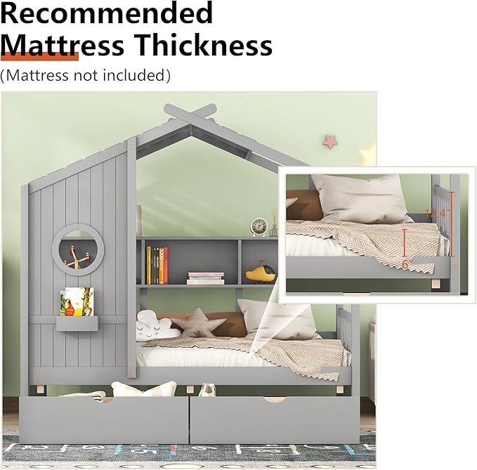 Twin Bed Frames for Kids, House Bed with Window and Fence, Wood Platform Bed Frame with Drawers and Shelves, Playhouse Bed for Boys Girls, Gray, 78" L x 42.7" W x 72" H