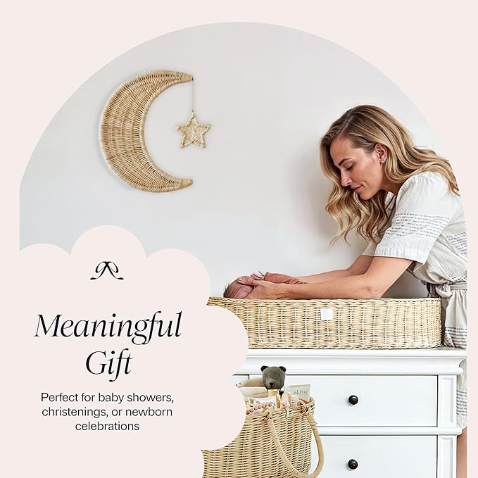 BEBE BASK Handmade Rattan Moon Wall Decor with Star - 100% Natural Organic Rattan Moon Decor for The Boho Nursery Decor - Moon and Stars Nursery Décor