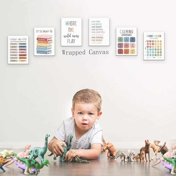 UNXIS Growth Mindset Poster Positive Affirmations Wall Decor It Is Ok To Be Yourself Frame Canvas Wall Art Calming Corner Strategies Chart 8x10in Set of 6 for Boy Girl Baby Children's Room