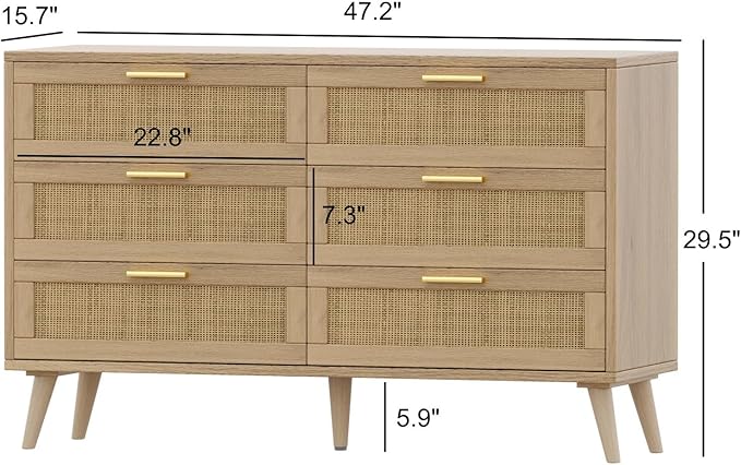 Rovaurx 6 Drawer Double Dresser for Bedroom, Rattan Chest of Dressers, Modern Wooden Dresser Chest with Golden Handles, Beside Table for Closet, Living Room and Entryway, Natural