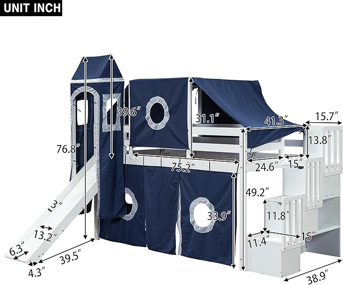 Playhouse Twin Size Low Loft Bed with Slide & Tent and Tower, Solid Wood Tent Bed Frame with Storage Staircase for Kids Teens Boys Girls, Versatile Spacious Under Bed Space with Curtains (Blue-TST)