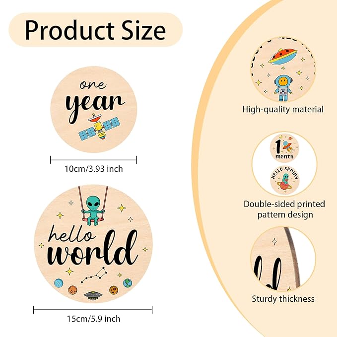 Baby Milestone Cards - Space Adventure Baby Monthly Milestone Signs, Rocket & Planet Wooden Signs Discs for Photo Props, "Hello" Newborn Announcement Sign with Astronaut,Baby Shower/Gift Set(13pcs)