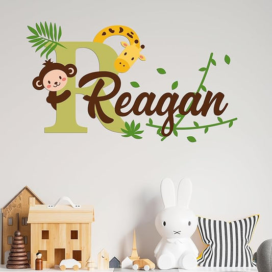 Personalized Monkey & Giraffe Wall Stickers for Baby Girl or Boy I Custom Name & Initial for Nursery Wall Decor I Wall Decal for Child Room Decorations (Wide 22" x 13" Height)