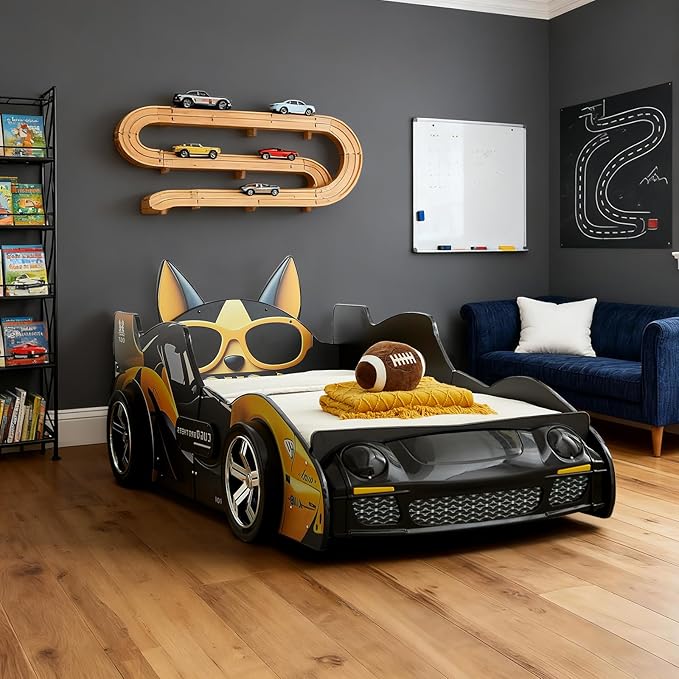 HMFULE Twin Bed Frames for Kids, Wood Cartoon Dog Race Car -Shaped Bed Frame Platform with Wheels LED Lights & Slat Support for Toddler, Teens, Boys or Girls, No Box Spring Needed (Black Yellow)