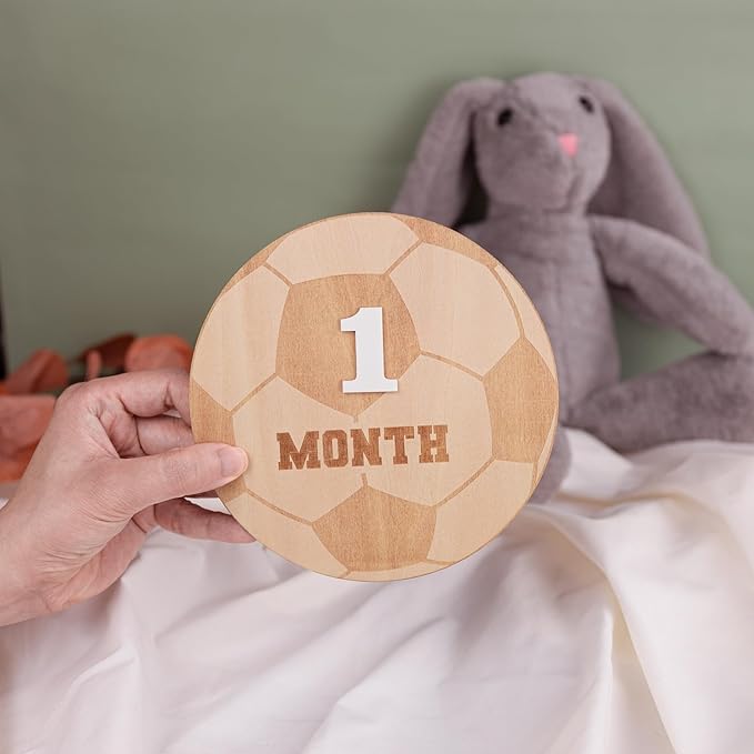Wooden 3D Baby Monthly Milestone Cards Monthly Milestone Discs Newborn Photography Props Baby Announcement Sign Baby (Soccer)
