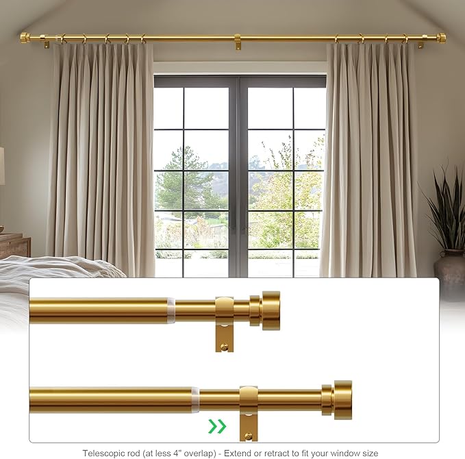 Gold Curtain Rods for Windows 66 to 120 Adjustable Modern Curtain Rod 1 inch Diameter Heavy Duty with Solid Metal Finials for Living Room Bedroom Farmhouse Outdoor Patio