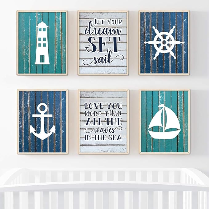 Andaz Press Ocean Nautical Sailor Theme Nursery Kids Bedroom Hanging Wall Art Decor, 8.5x11-inch, Blue Aqua Rustic Wood, Let Your Dreams Set Sail, 6-Pack, Unframed Room Poster
