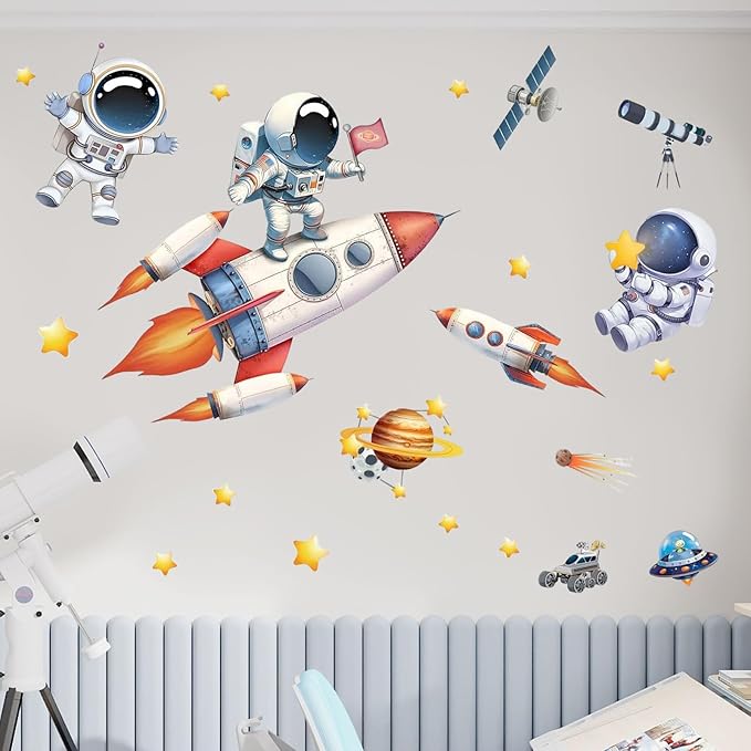 Astronaut Wall Decals Removable Peel and Stick Window Clings 2-Sheet Set with Planets, Outer Space, Rocket Boys Design for Kids Room, Nursery Classroom, Playroom Wall Decor