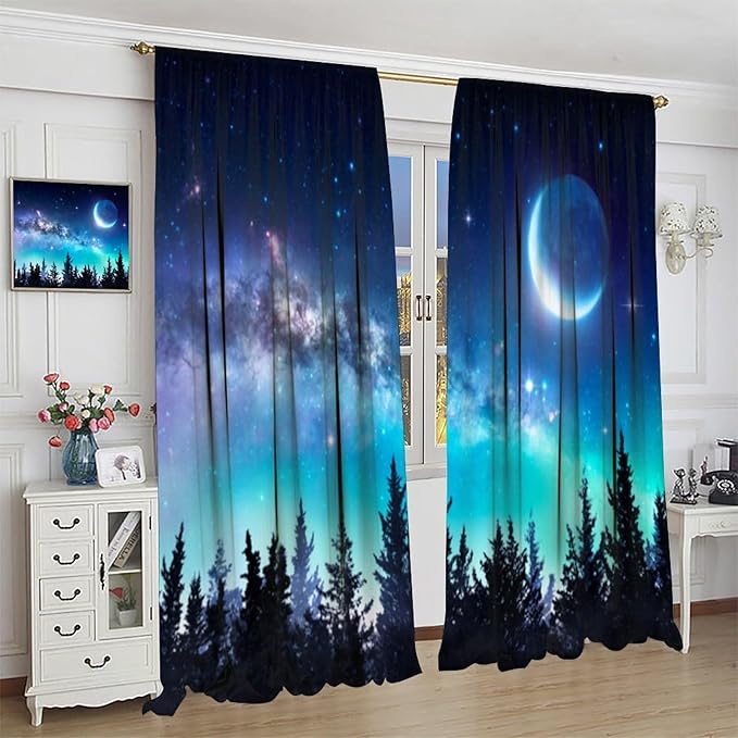 Galaxy Forest Blackout Curtains, Night Starry Sky Stars Moon Aurora Borealis Window Drapes for Bedroom Living Room Home 55" W X 63" L