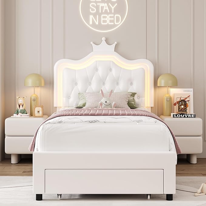Keyluv Twin Upholstered LED Bed Frame with Storage Drawer, Leather Princess Platform Bed with Adjustable Crystal Button Tufted Crown Headboard, Solid Wooden Slats Support, No Box Spring Needed, White