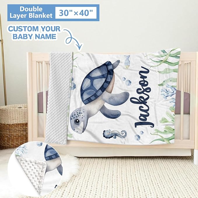 Personalized Baby Crib Bedding Set, 5 Pcs Custom Name Bedding Set, Double Layer Nursery Set, Ocean Animal Crib Set for Girls & Boys, Gift for Toddler & Infant