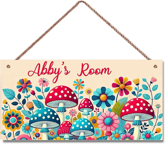 Personalized Name Vintage Mushroom and Flowers Sign For Girls Room Baby Nursery Door Wood Plaque Hanging Wall Art Decor For Kids Bedroom Nursery Home Kitchen Garden Yard Wall Club