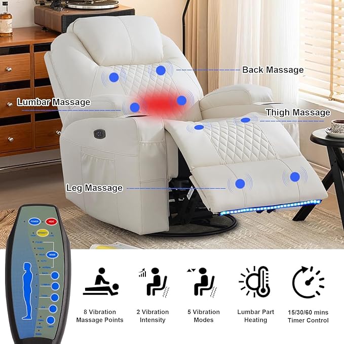 Power Swivel Rocker Recliner Chair with Massage and Heat/LED Lights/USB and Type-C Ports/Infinite Position/Cup Holder, Electric Glider Reclining Sofa for Nursery Living Room (1, Beige)