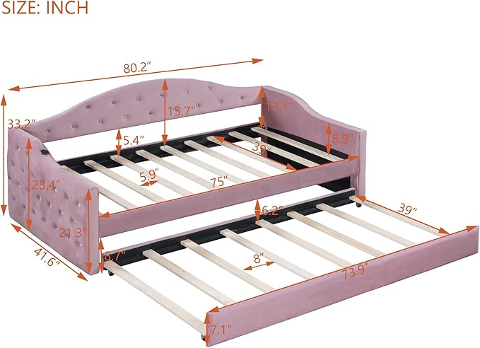 Bellemave Twin Size daybed Frame with Trundle for Adults, Kids, Girls, Teens, Tufted daybeds with Trundle for Living Room, Velvet, (Mattress not Included), Pink