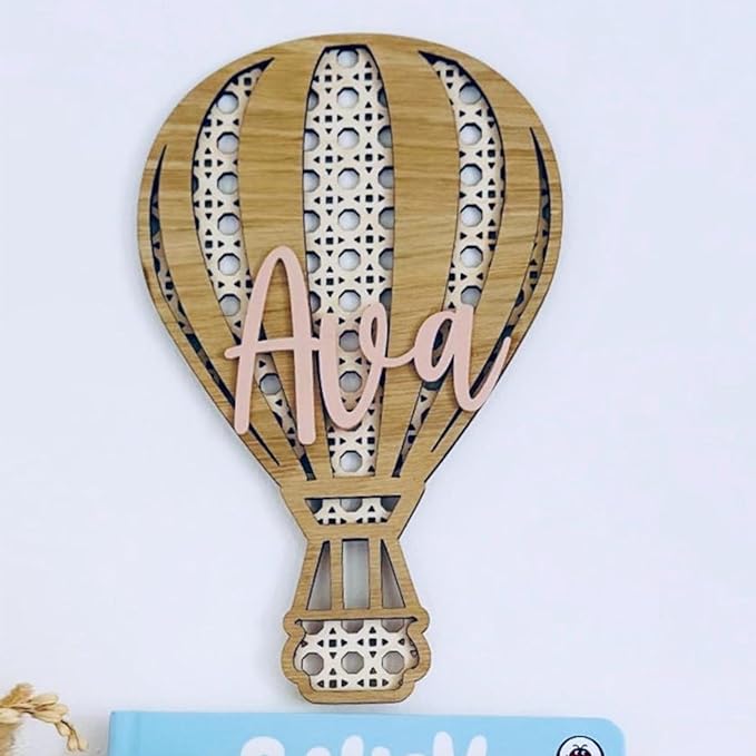 Personalized Hot Air Balloon Wooden Baby Name Sign, Hot Air Balloon Wall Decor Boho Wooden Sign Nursery Home Decor for Nursery Bedroom, 3D Wooden Layered Handmade Letter Wall Decor