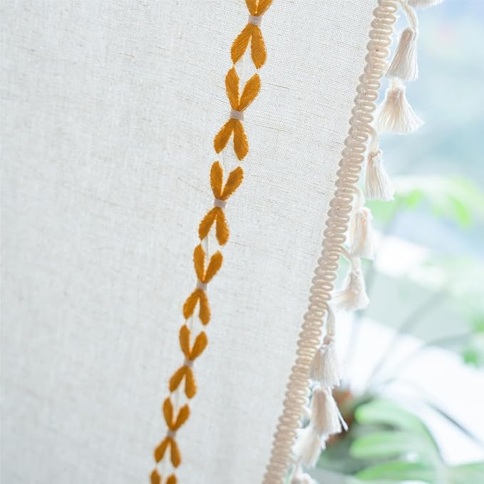 Deeprove Gold Yellow Boho Curtains 84 inches Long for Bedroom, Vintage Bohemian Embroidery Farmhouse Cotton Striped Linen Country Tassel Window Treatments Fall Thanksgiving Decor, W52 x L84, 1 Panel