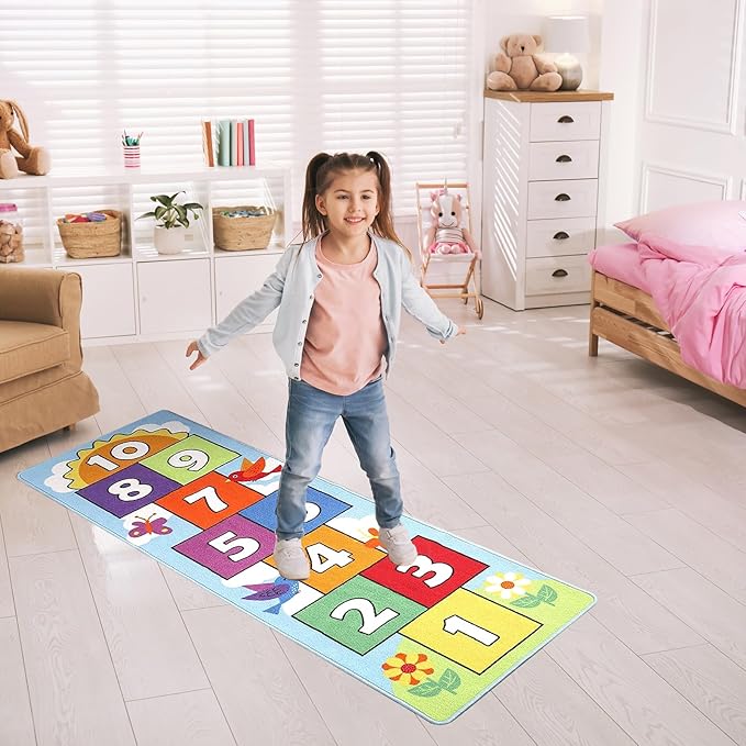 Hop & Count Hopscotch Rug for Kids, Floor Play Area Rug Game Carpet Crawl Jump Mat, Skid-Proof Backing, Great Gift for Boys Girls, Room Decor, Classic Hopscotch Rug for Preschool Playroom