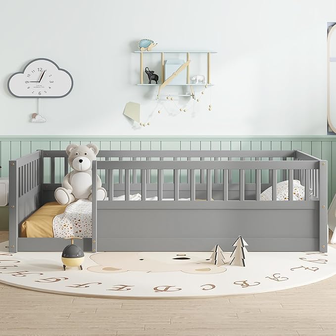 Harper & Bright Designs Twin Floor Bed for Kids, Wood Floor Beds with High Guardrails, Montessori Bed Twin with Opening Door for Boys, Girls, Kids, Solid Wood Structure, Gray
