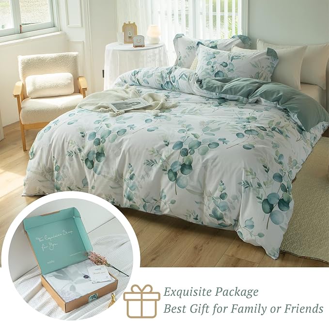 MILDLY Duvet Cover Leaf Pattern- 100% Washed Cotton Eucalyptus Printed Linen Feel Bedding Set Sage Green Comforter Cover with Zipper Closure 4 Ties King Size