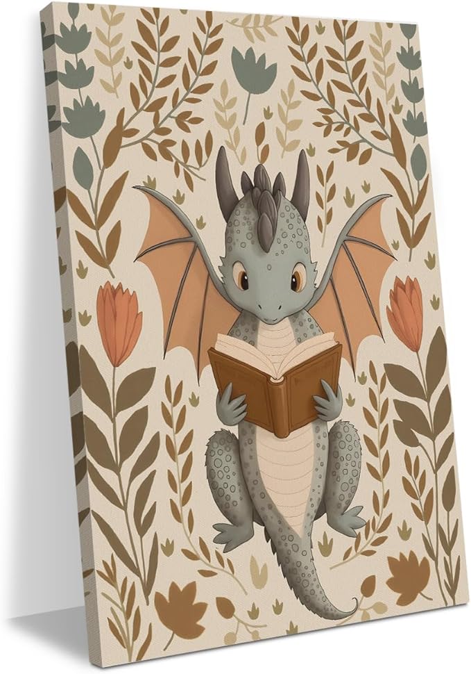 Vintage Dragon Painting Nursery Decor Book Lovers Gifts Bookish Wall Decor Canvas Wall Art Framed Prints Artwork Painting for Boys Girls Room Decor Rustic Cottage Bookworm Decorations11.5X14.5 Inch