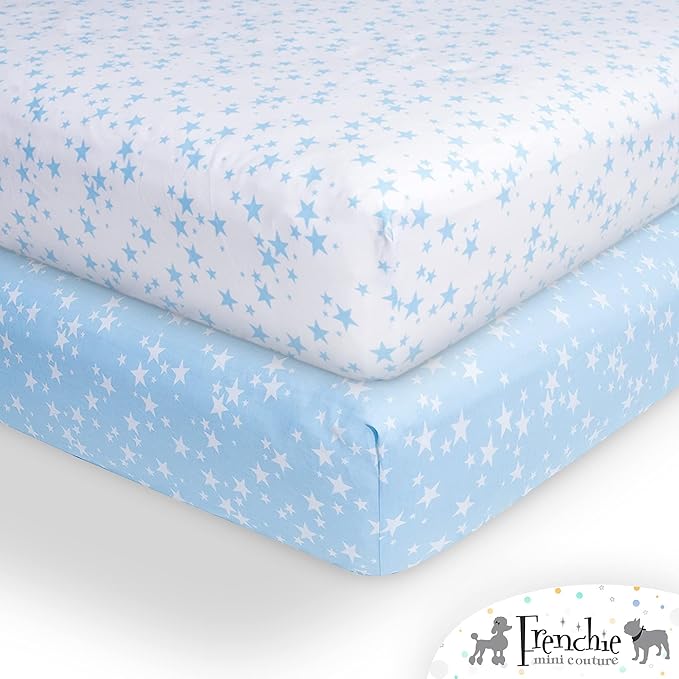 Frenchie Mini Couture Fitted Crib Sheets 100% Cotton, Fits Toddler Mattress, Blue Stars, 28 x 52in, 2-Pack