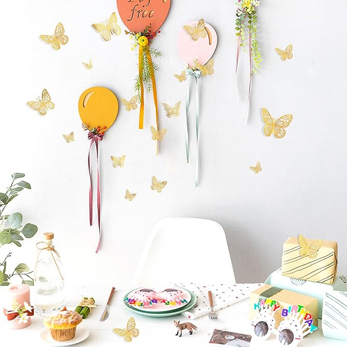 144 Pcs Gold Butterfly Wall Decor, 3D Butterfly Stickers 6 Styles and 3 Sizes, Removable Mural Stickers Metallic Butterflies Decorations for Walls