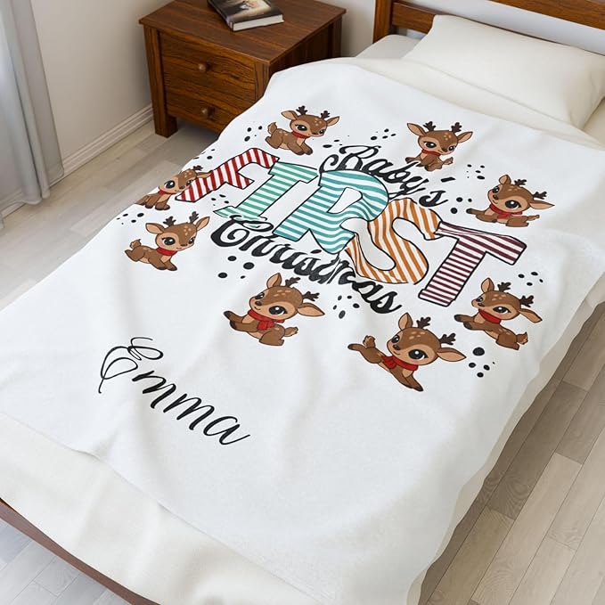 Personalized Baby's First Christmas Blanket, Custom Reindeer Baby Name Christmas Blanket, Soft Fleece Or Sherpa Throw, Baby Shower, Made in USA