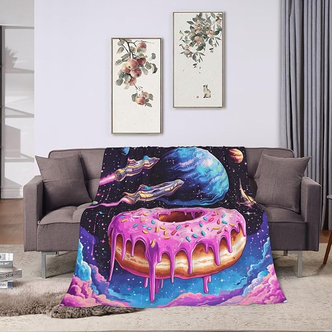 Donut Blanket Space Donut Decor Throw Blanket Super Soft Flannel Lightweight Fluffy Plush Cozy Fuzzy Fleece Food Blanket Gifts for Girl Boys Woman Man Kids Adults for Bed Sofa Couch 40"X50"