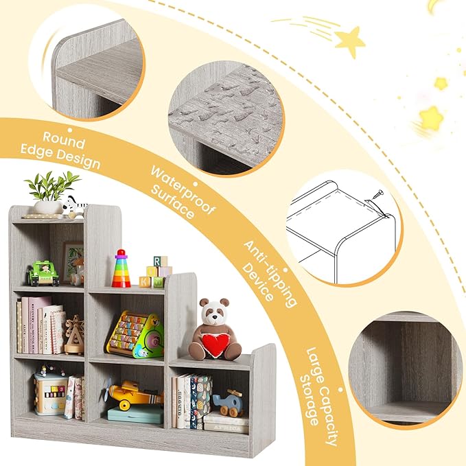 Montessori Shelf 6-Section Wooden Storage Cabinet, Kids Toy Storage Organizer Book Shelf for Kids Rooms, Classroom, Playroom, Nursery, Preschool Book Shelves