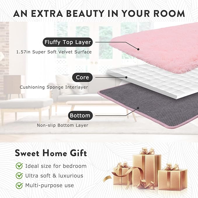 9x12 Large Area Rugs for Living Room, Soft Pink Fluffy Shag Rug for Bedroom, Non-Slip Modern Indoor Plush Shaggy Floor Carpet, Big Fuzzy Rugs for Nursery, Kids & Girls Room, Dorm, Home Decor