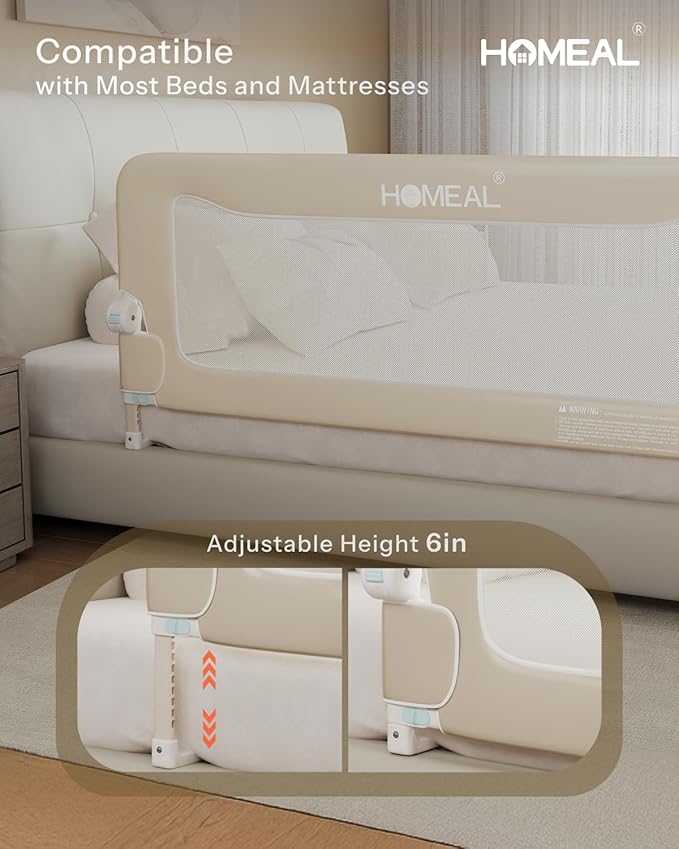 HOMEAL 59in Foldable Toddler Bed Rails, Bed Rail for Toddlers, Baby Bed Rail Guard for King Size,Twin Size, Full Size, Queen Size Beds, Bed Guard Rail, Beige
