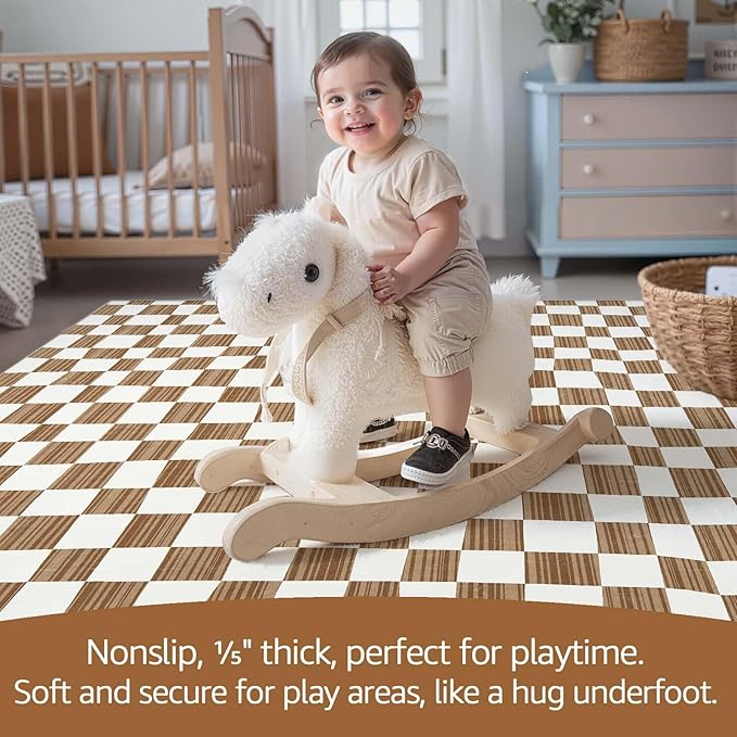 jinchan Runner Rug 2x6 Hallway Washable Modern Checkered Geometric Lattice Kids Bedroom Rug Indoor Floor Cover Non Slip Soft Carpet for Nursery Room Kitchen Laundry Room Home Brown