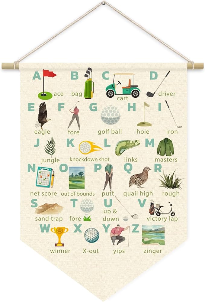 Boy Nursery Decor, Golf Nursery Decor for Boys Room, Classroom Decor Canvas Banner, ABC Letters Nursery Wall Art Canvas Hanging Pennant Flag Banner 15x11in
