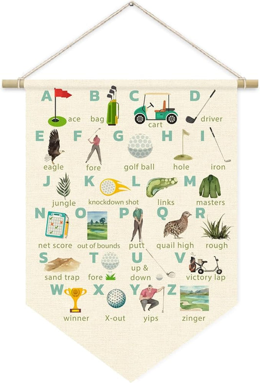 Boy Nursery Decor, Golf Nursery Decor for Boys Room, Classroom Decor Canvas Banner, ABC Letters Nursery Wall Art Canvas Hanging Pennant Flag Banner 15x11in