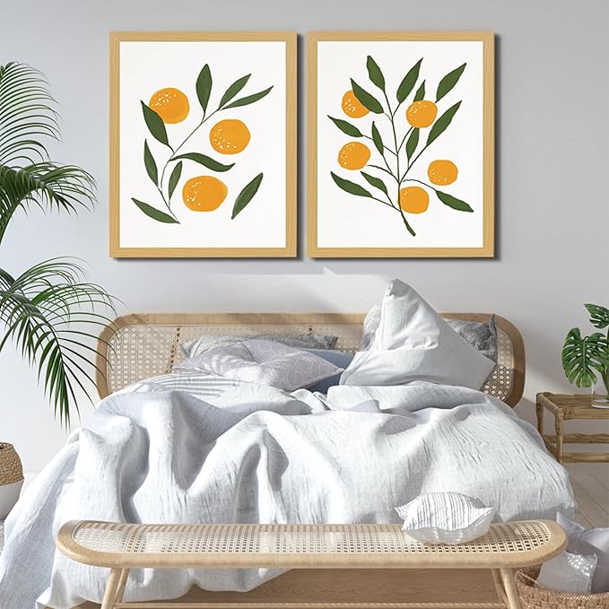 Abstract Lemon Orange Canvas Painting Watercolour Citrus Fruit Poster Boho Kitchen Wall Art Botanical Picture Home Room Decor Framed(12x16Inch Framed)