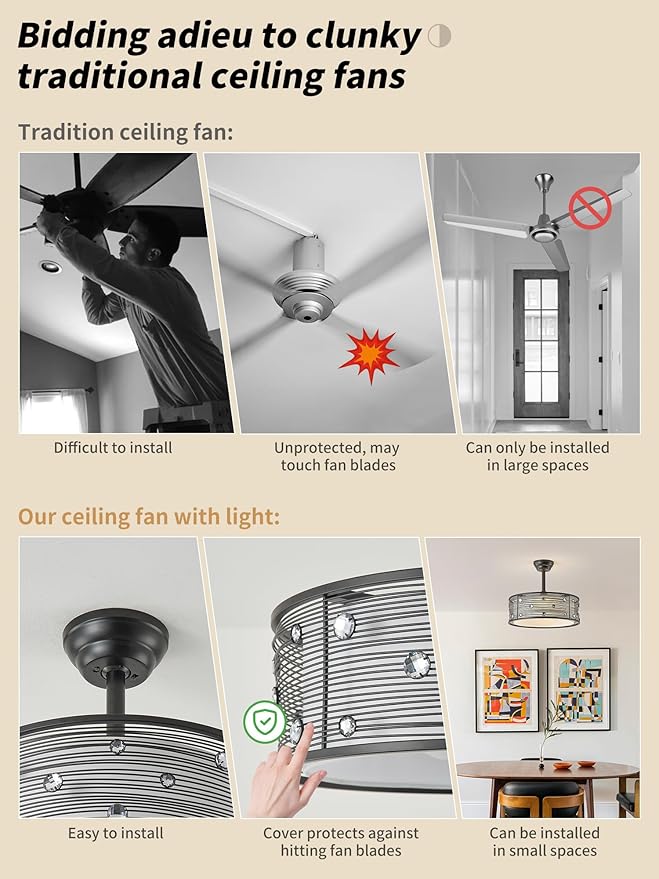20" Black Fandelier Ceiling Fan with Light, Chandelier Ceiling Fans with Lights Remote Control, Caged with 6 Speeds for Bedroom, Living Room, Nursery