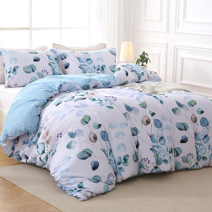 MUXHOMO Duvet Cover Full Size, Reversible Floral Blue Duvet Cover Set with Zipper Closure, 3 Pieces Botanical Patterns Soft Microfiber Bedding Set with 4 Ties (80"x90", 2 Pillow Cases)