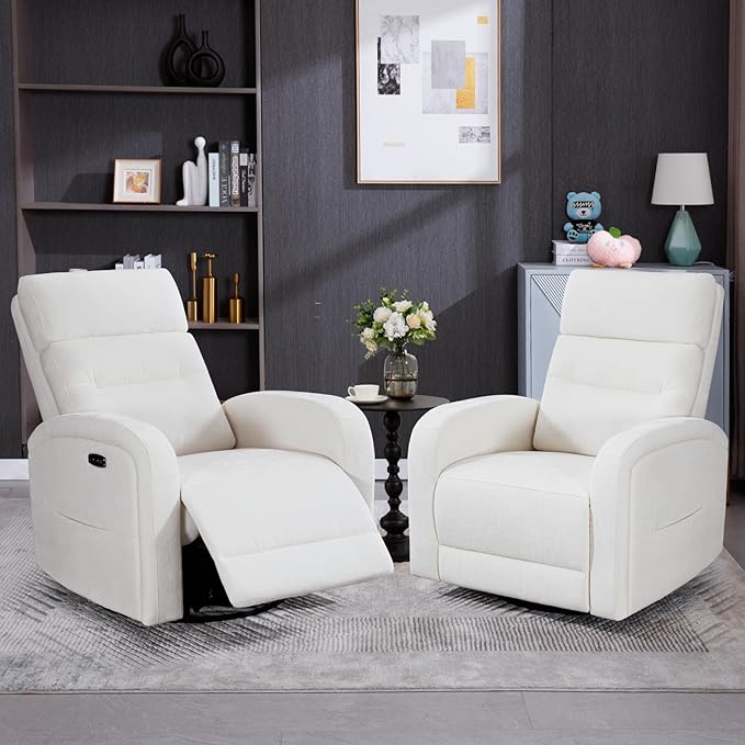 Power Glider Recliner Nursery Rocking Chairs with USB, Electric Swivel Rocker Glider Chair for Living Room, Upholstered Recliner Chairs for Bedroom, Bedroom, Chenille White